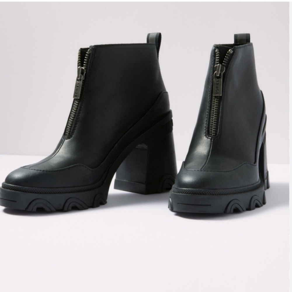 Sorel Brex Black High Heel Waterproof Leather Zip Booties Womens Size 5.5